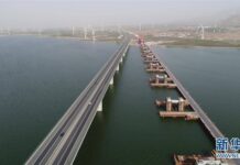 สะพานข้ามอ่างเก็บน้ำ ส่วนหนึ่งของทางรถไฟเร็วสูง“ปักกิ่ง-จางเจียโข่ว”